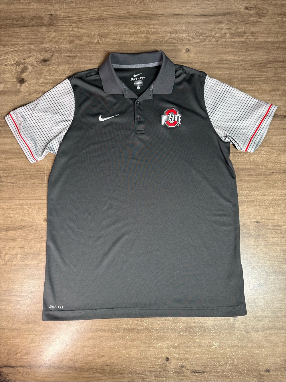 Nike Ohio State Buckeyes Polo Mens L Dri-FIT Gray Striped Sleeve OSU NCAA